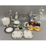 A cut glass rose bowl, Nao figures, Portuguese china ballerina, cabinet cups and saucers, flower