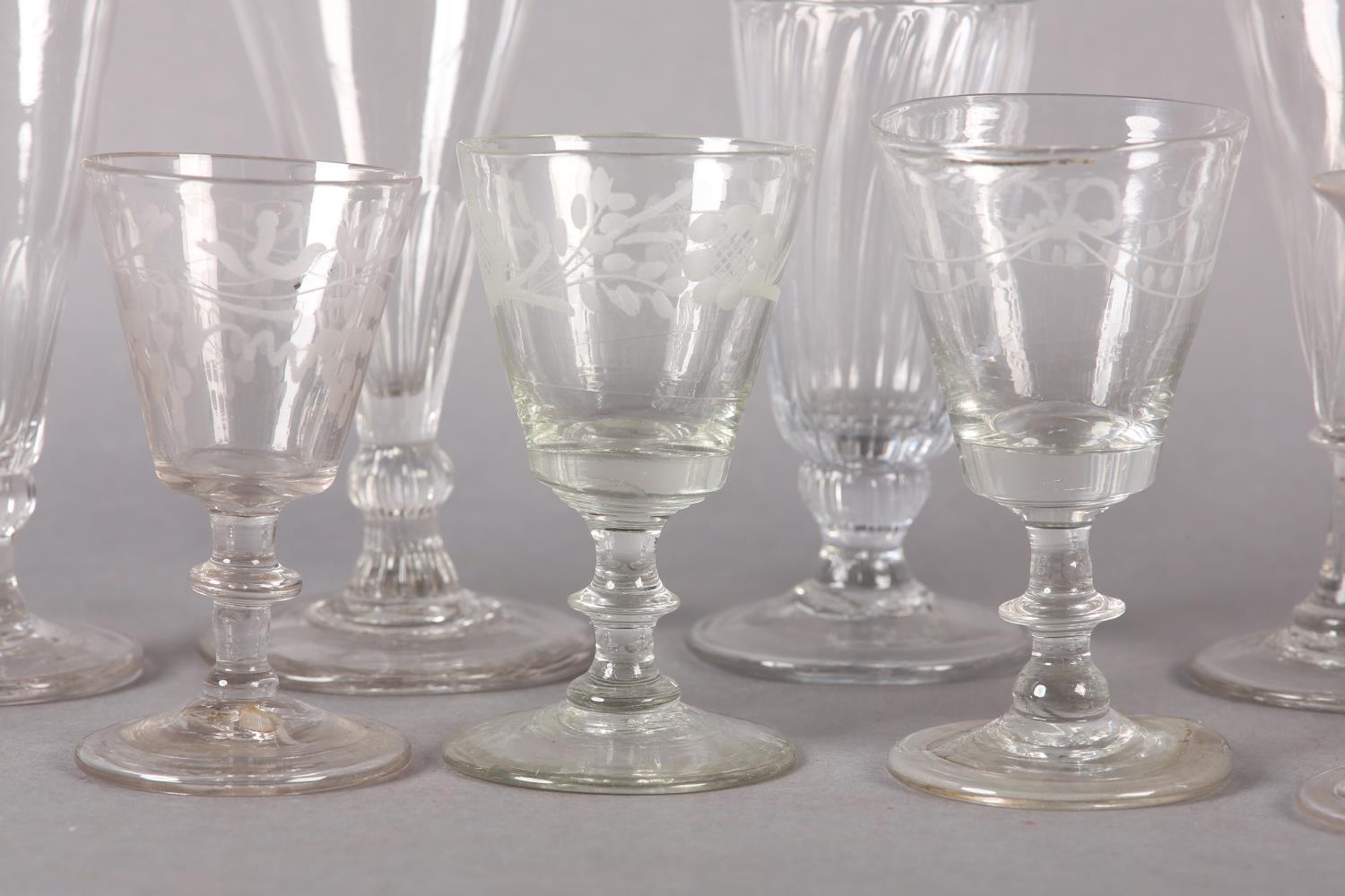 Five early 19th century cordial glasses, four with trumpet bowls on a basal knop stem and circular - Image 2 of 5