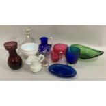 Victorian and later glass including amethyst hyacinth vase, blue and white enamel jug, cranberry