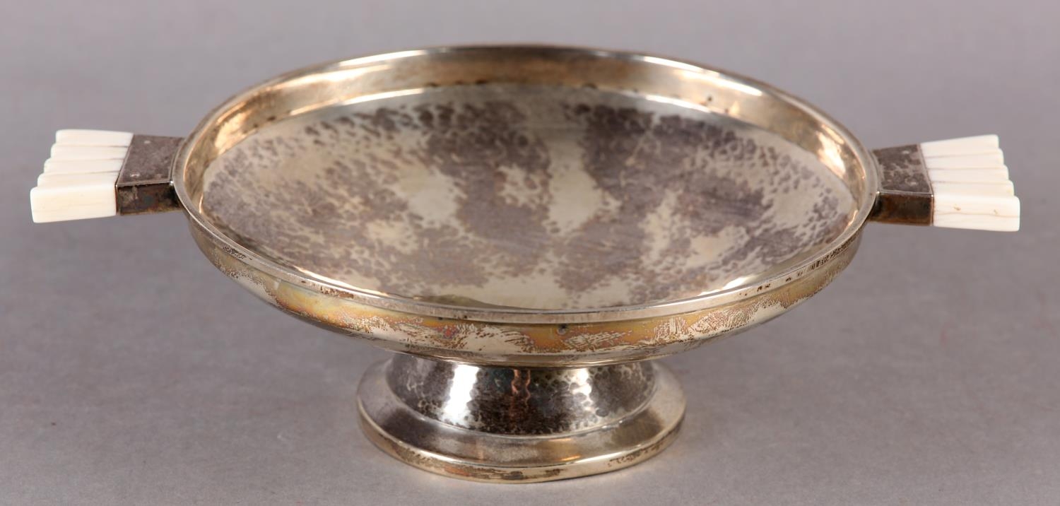 AN ART DECO SILVER AND IVORY HANDLED BOWL by Connell, 83 Cheapside, pattern no. 1213, planished,