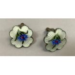 A pair of Norwegian silver and enamel ear clips by Ivor T Holth, the silver gulloche with cornflower