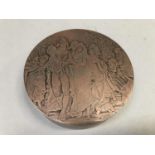 A 19th century plated on copper box of circular outline engraved to the front with a wedding