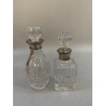 Two small silver collared cut glass decanters, Hallmarks for Birmingham 1987 and 1988, approximate
