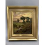R J Hammond, country landscape with figure of a girl sitting on a log beside a stile, oil on