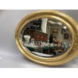 Large gilt framed wall mirror of oval outline with bevelled glass, 86cm x 66cm