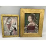 A colour print of a 16th century portrait of a female royal in gilded oak frame, overall including