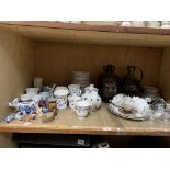 A Royal Doulton York Town blue and white tea service, a brown glass flagon with coat of arms