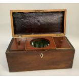 Mahogany and satinwood bound tea caddy the interior fitted with three compartments including glass