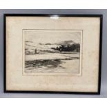 By and after Norman Wilkinson, a black and white etching of a river landscape with angler, signed