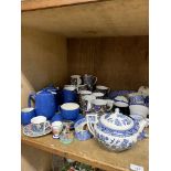 Moorcroft powder blue pattern part teapot, hot water pot, teacup and saucer and an additional jug,