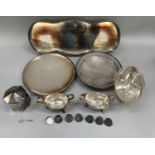 Quantity of silver plated ware including two circular tazzas, oblong serpentine galleried tray,