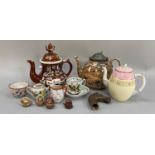 Staffordshire globular teapot with scumbled effect and pewter lid, Aynsley pink and cream teapot