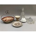 A 19th century cut glass decanter, various decanter stoppers, an early 19th century Derby