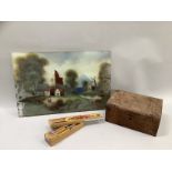 A Victorian walnut and Tunbridgeware box and a pencil box and a painted on glass landscape, no frame
