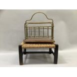 An Edwardian brass magazine rack together with a sisal top oak stool on square legs