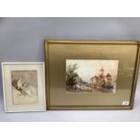 A continental lake scene with chateau and figure, watercolour, signed, 19cm by 28.5cm together