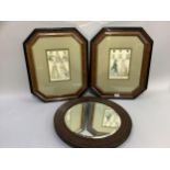 Two framed fashion plates in irregular octagonal frames together with a circular oak wall mirror,