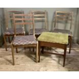 A set of four ladder back chairs and a piano stool