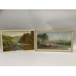 C or G E Ash----, river landscape with angler, oil on board, indistinctly signed to lower right 39.