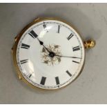 A 19th century watch in an open face 18ct gold case no7374, Swiss cylinder mount, white enamel