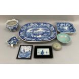 Blue and white ceramics including Italianate printed meat plate, square vegetable dish, leaf