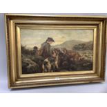 Scottish landscape with ghillie and hounds, oil on canvas, unsigned, 46cm by 77cm