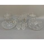 Assorted glassware including pair of candlesticks, bon bon dish with cover, fruit bowl, pair of