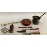 Reproduction pestle and mortar, Finger Book of Prayer, horn handled knife together with leather