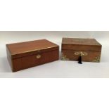 A 19th century walnut box with brass corners, brass cartouche and escutcheon with key together