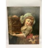 19th century 3/4 portrait of a young girl wearing lace edged bonnet holding a bird in a cage, cat