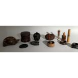 Carved ebony boxes with covers, carved flea catcher, specimen desk seal together with other carved