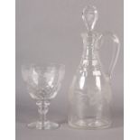 AN EARLY 19TH CENTURY EWER ETCHED WITH GRAPEVINE beneath a triple panel cut band to the neck, the