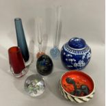 A blue and white prunus decorated ginger jar and cover, a Poole pottery dish, various 1970s glass