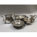 An Elkington & Co silver plated sugar and cream, a rectangular cake basket engraved with pierced