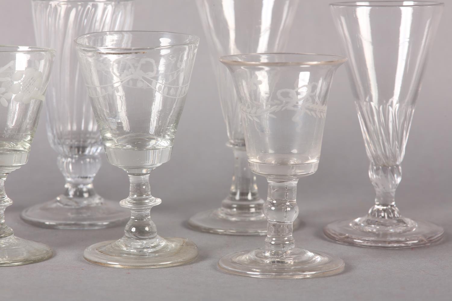 Five early 19th century cordial glasses, four with trumpet bowls on a basal knop stem and circular - Image 3 of 5