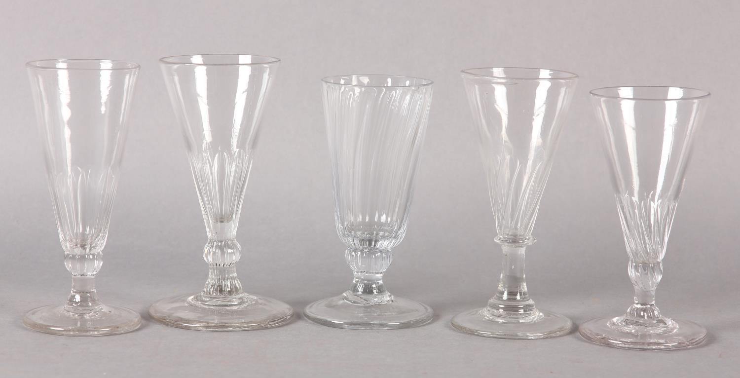 Five early 19th century cordial glasses, four with trumpet bowls on a basal knop stem and circular - Image 4 of 5