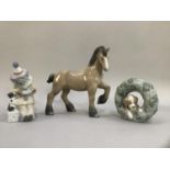 Three Lladro figures, Shire Horse 18cm high, clown with dog, dog in wreath