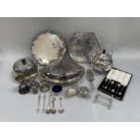 Quantity of silver plate including oval entree dish and cover, muffin dish, pair of candle sticks,