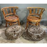 A pair of vintage bamboo stools and two bamboo low back chairs