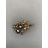 Sapphire, pearl and diamond spray brooch in 9ct gold, set with small eight cut diamonds, cluster