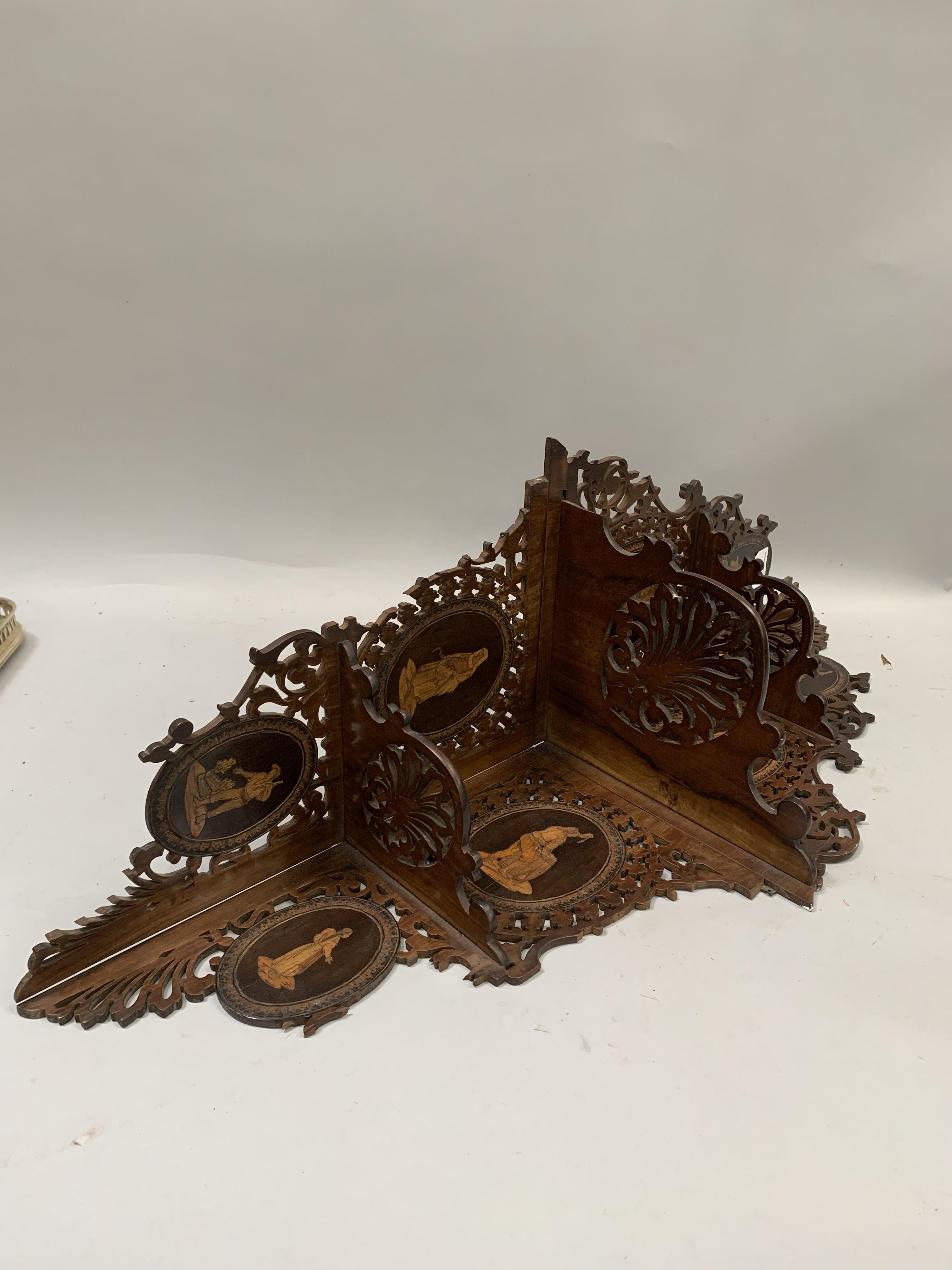 A 19th century Italian olive wood corner shelf of three tiers, the fret work sides each inlaid - Image 2 of 3