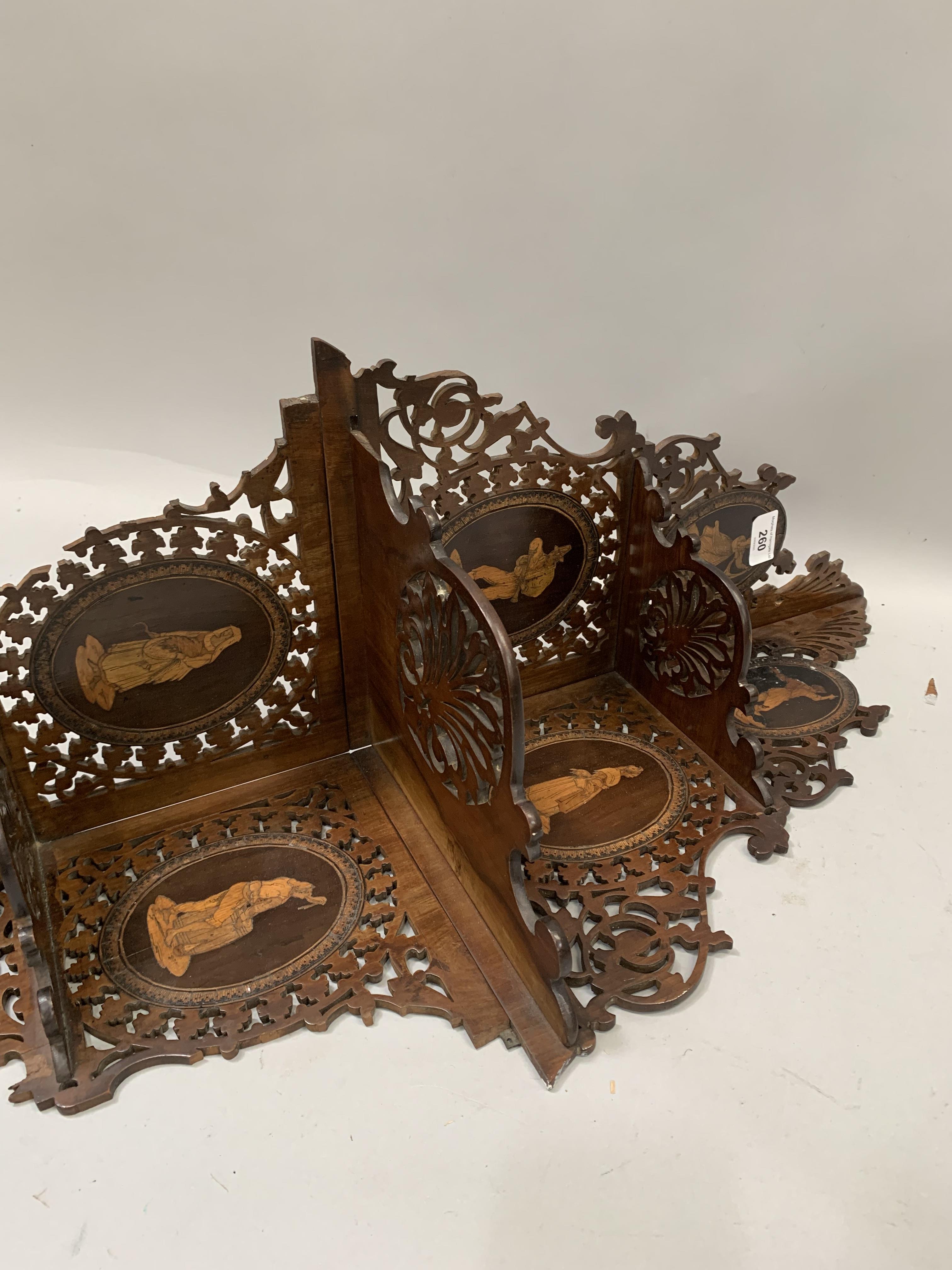 A 19th century Italian olive wood corner shelf of three tiers, the fret work sides each inlaid - Image 3 of 3