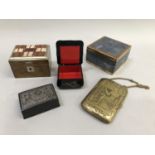 A collection of boxes and case including birdseye maple agate panelled top, 7.25cm, a gilt metal and