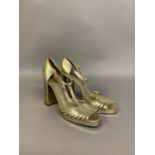 Walter Steiger 1970s gold leather strappy, platform- soled shoes, with 11 cm clumpy, shiny-finish