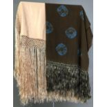 Summer shawls: two vintage silk shawls, the first in mid-brown with tie-dye designs in pastel