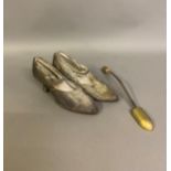 A good pair of 1920’s evening shoes, silk lamé in silver and raspberry, ankle strap, button