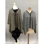 Two evening wraps, both designed with chevrons, one in black and gold, the other black and silver;