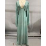 Ossie Clark for Radley: a pale sea green moss crepe maxi dress, long batwing sleeves gathered at the