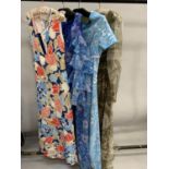 Summer evening dresses, all full-length: the first 1960’s floral cotton, in strong blues, red,