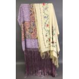 Summer shawls: Two vintage, fringed shawls, the first in lemon crepe, embroidered in colourful silks
